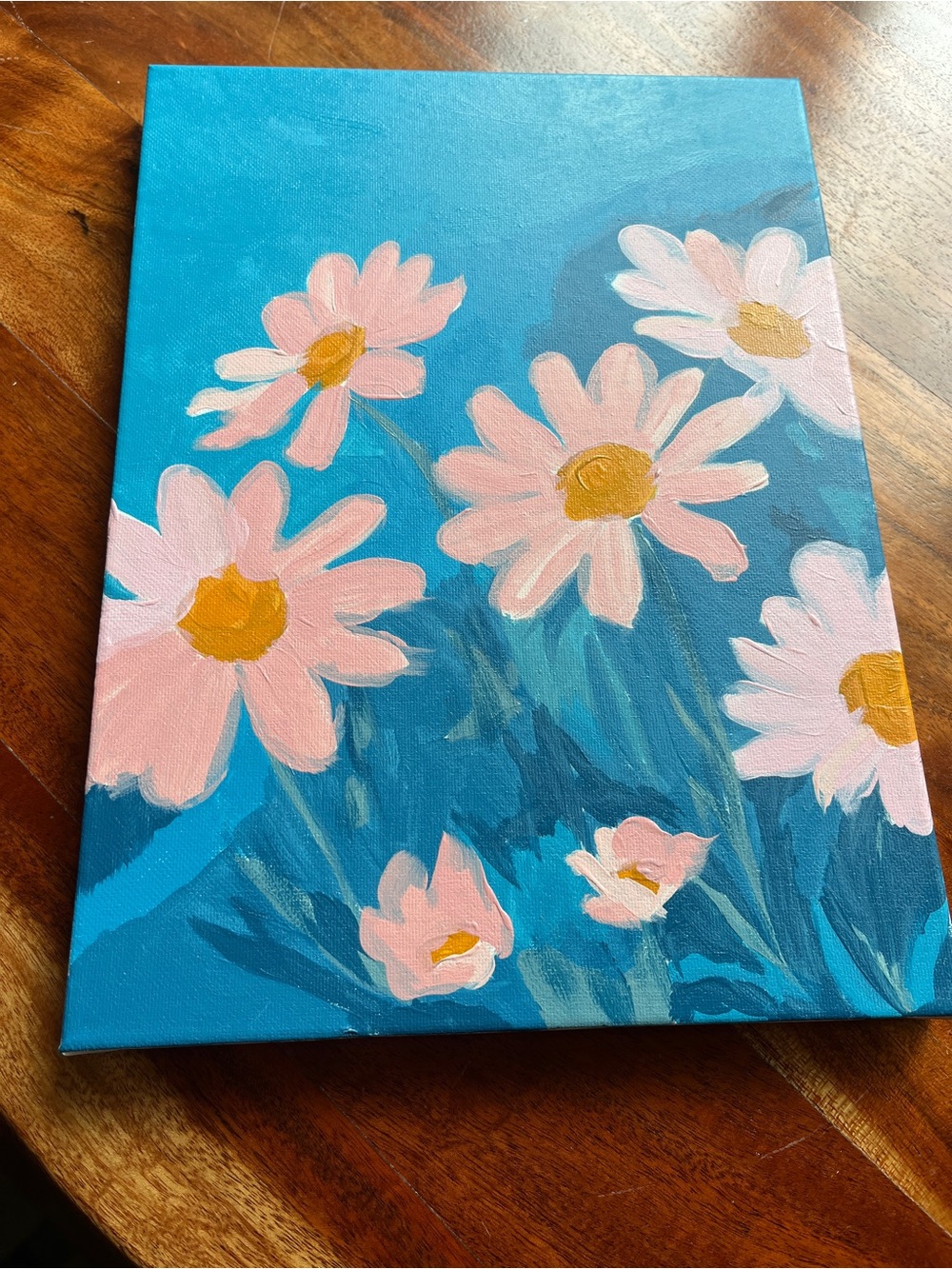 New Handmade By Me Pink Daisy Flower Blue Background On Canvas Acrylic Painting